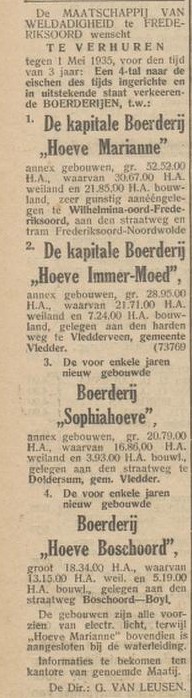 Verhuur Hoeve Marianne- Hoeve Immer-Moed, Sophiahoeve, Hoeve Boschoord - 4 juli 1934