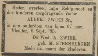 Overlijden Albert Zwier, 6 september 1885