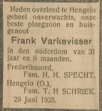 Overlijden Frank Varkevisser