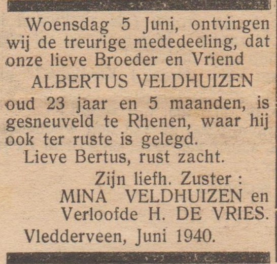 Overlijdensadvertentie Albertus Veldhuizen