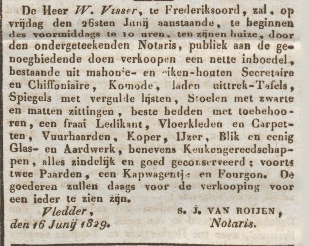 Verkoop boedel van W. Visser